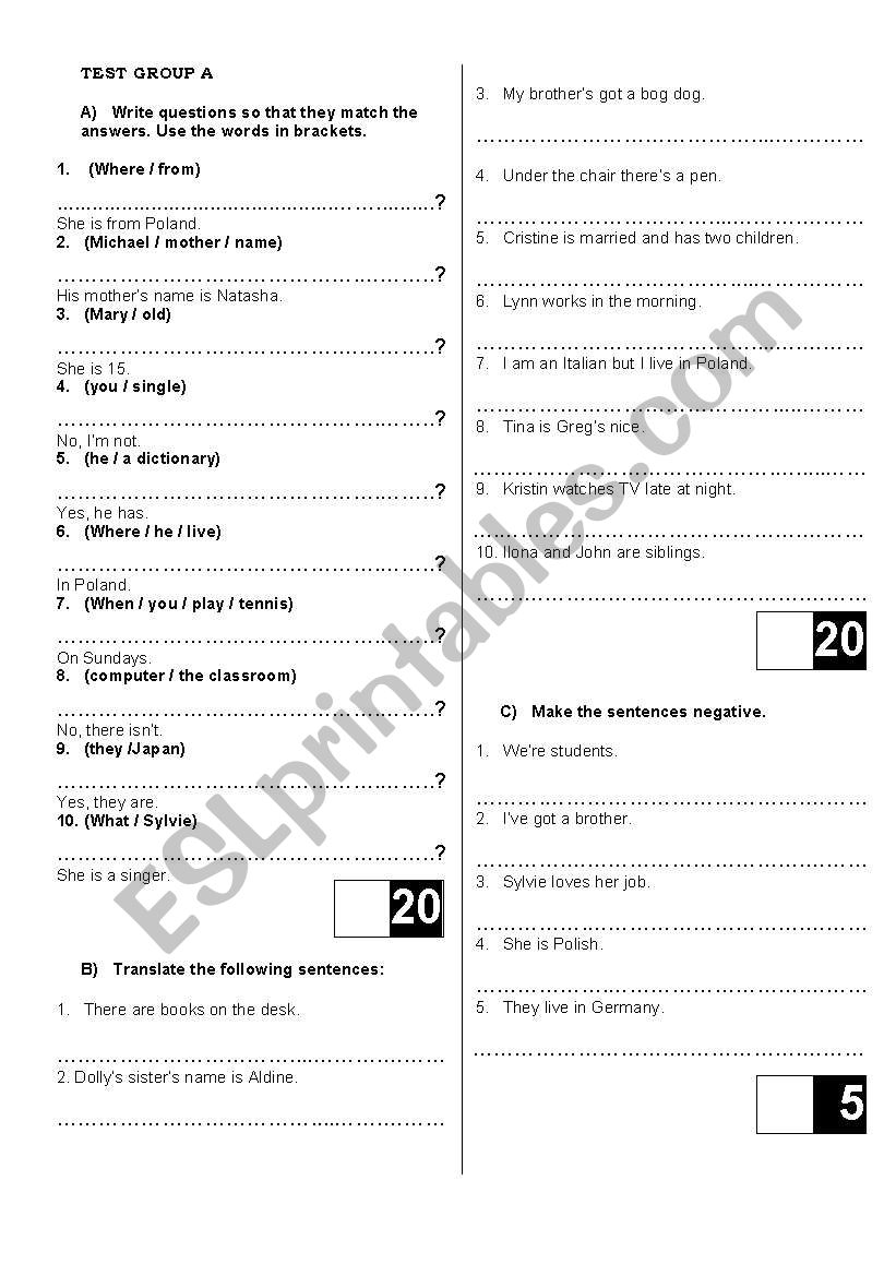 Present Simple/There is/are/can/ prepositions  Test  for GROUP A and GROUP B 