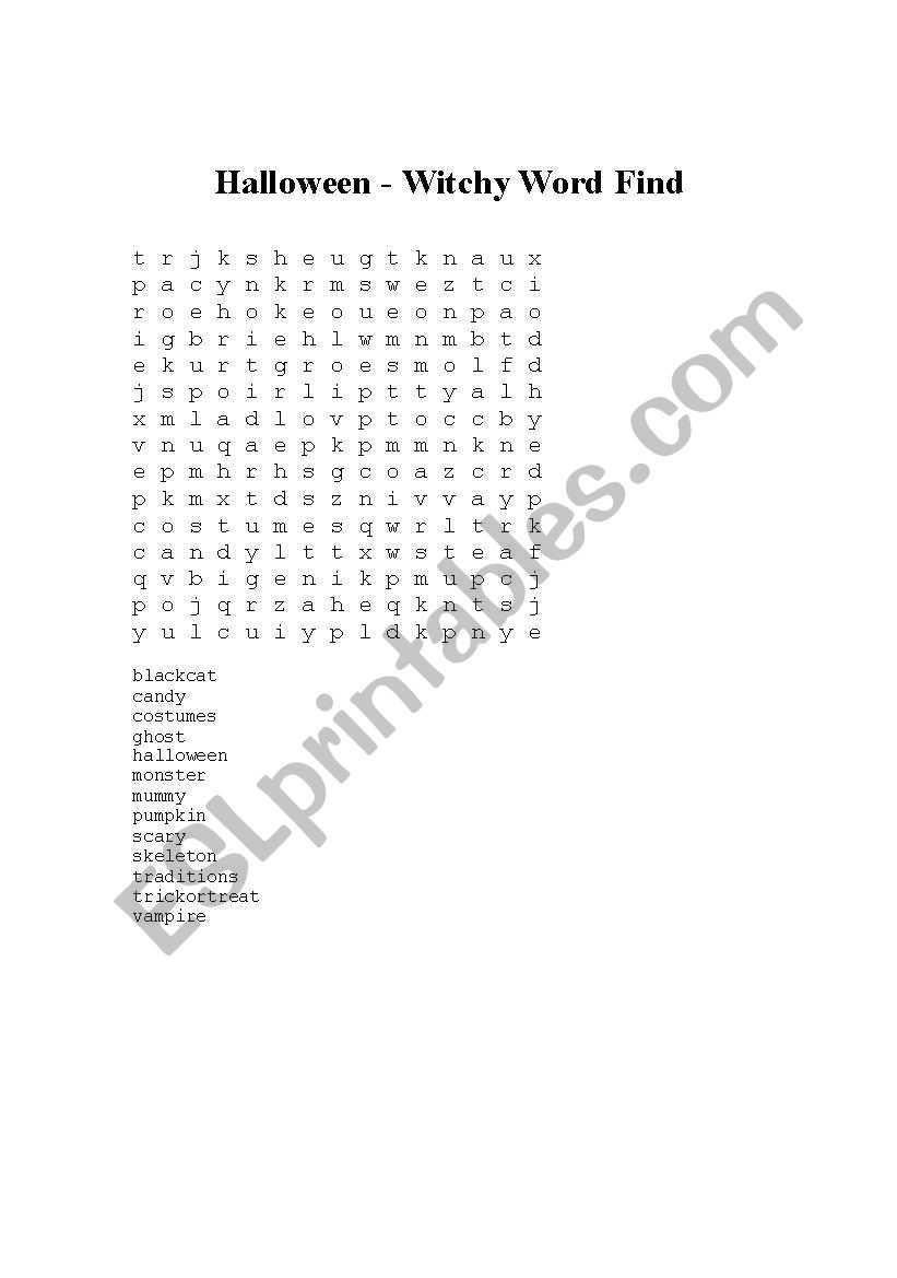 Halloween Witchy Word Search worksheet