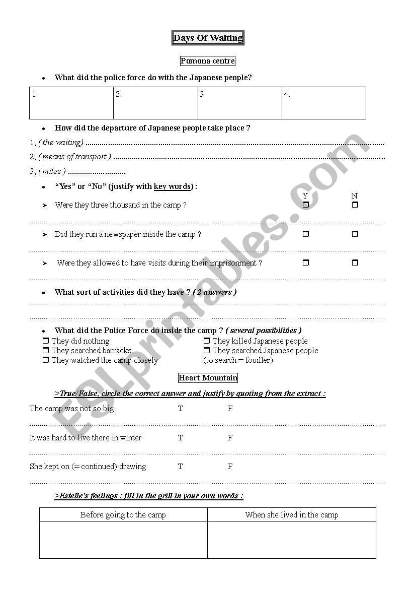 Days of Waiting (3) - Worksheet 2