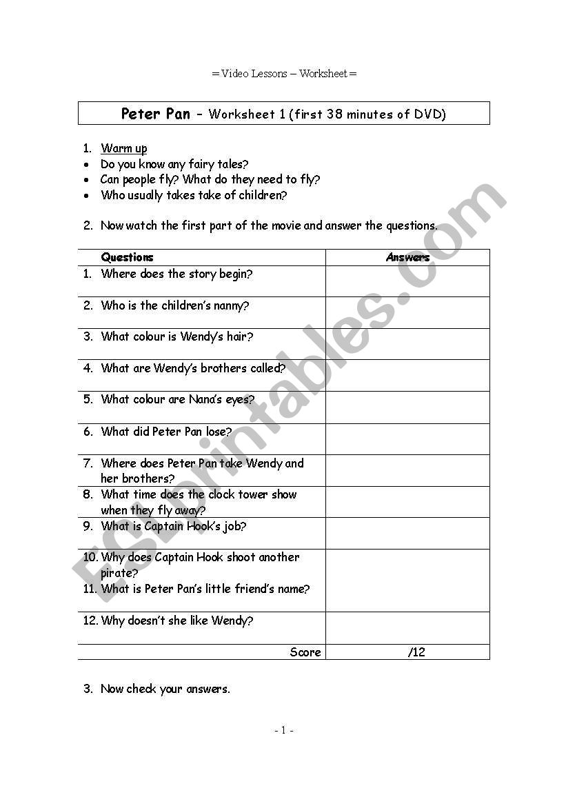 Video worksheets for the classic Disney movie Peter Pan