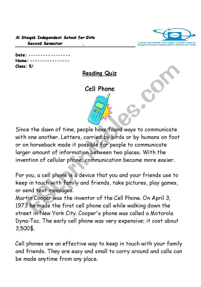 reading test worksheet