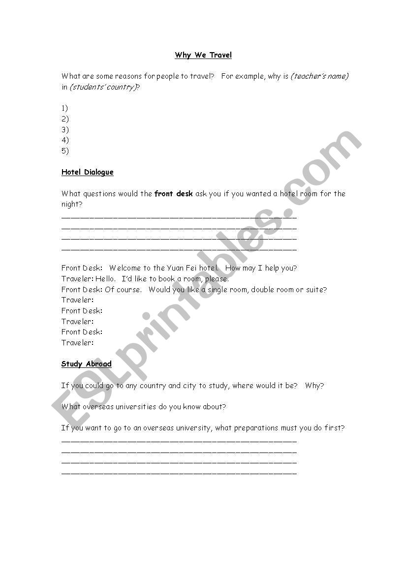 Why We Travel worksheet