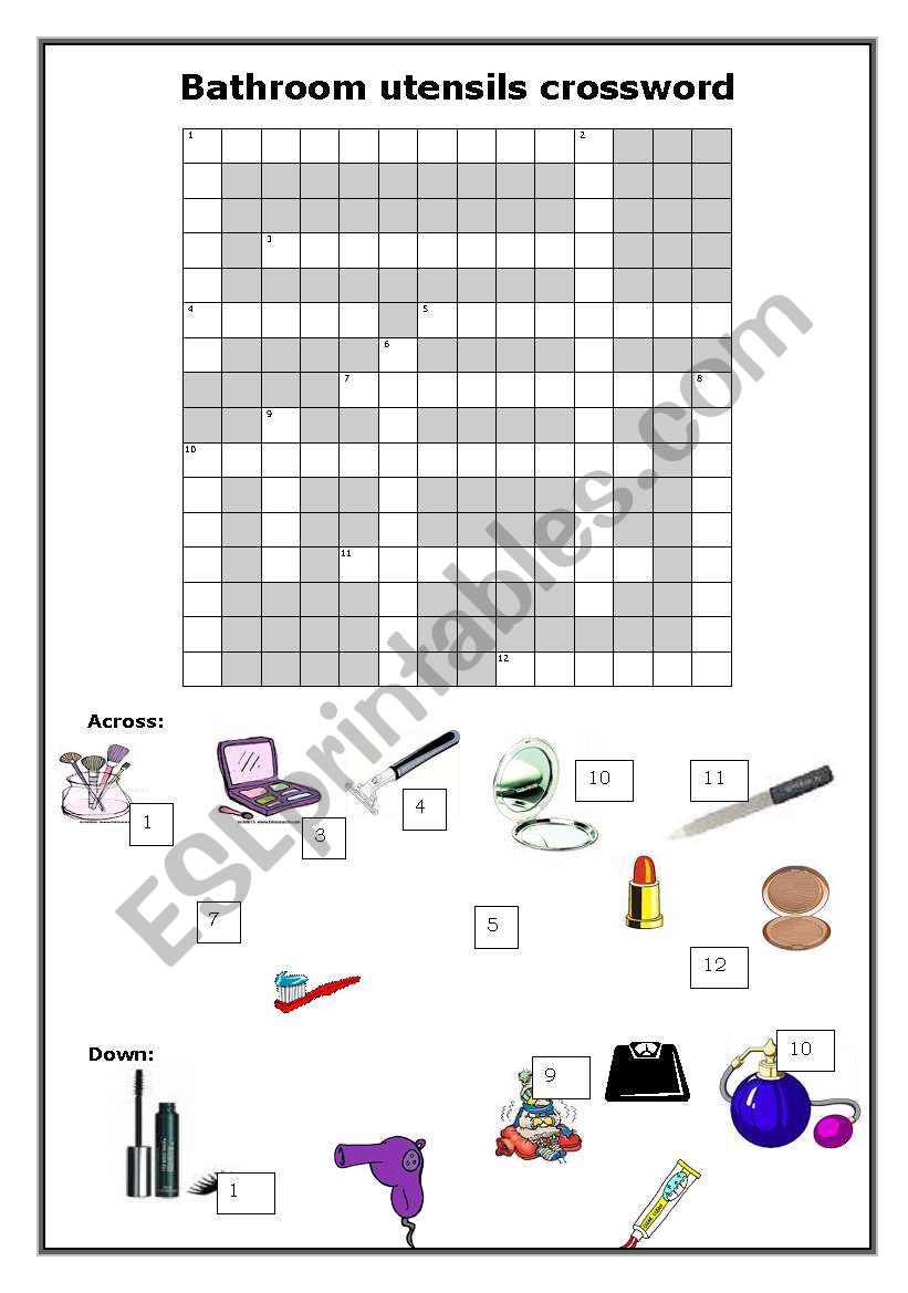 bathroom utensils crossword worksheet