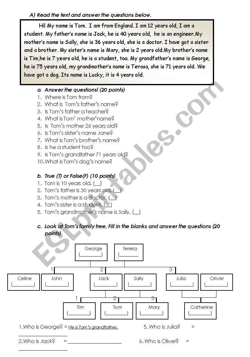 reading/family tree worksheet