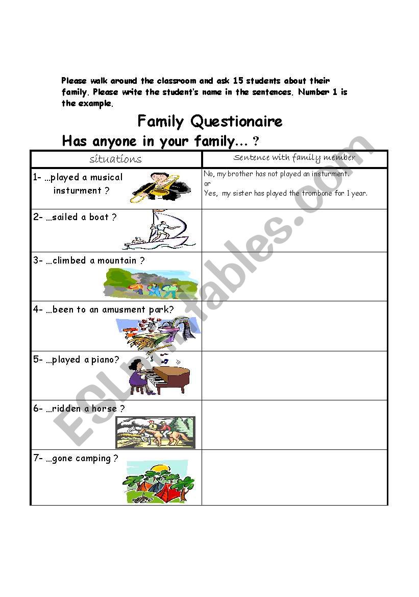 Family Questionaire worksheet