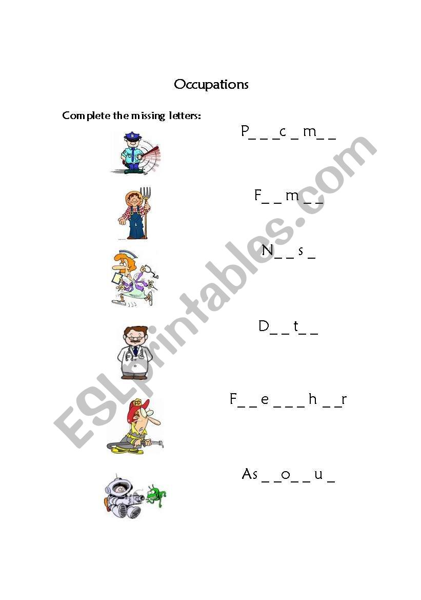 Occupations - Missing Letters worksheet