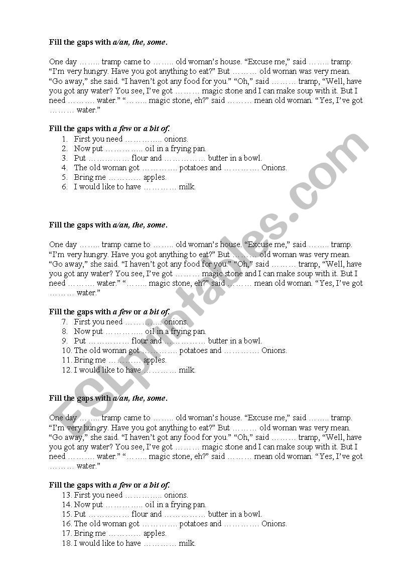 Articles and a few/a bit of worksheet