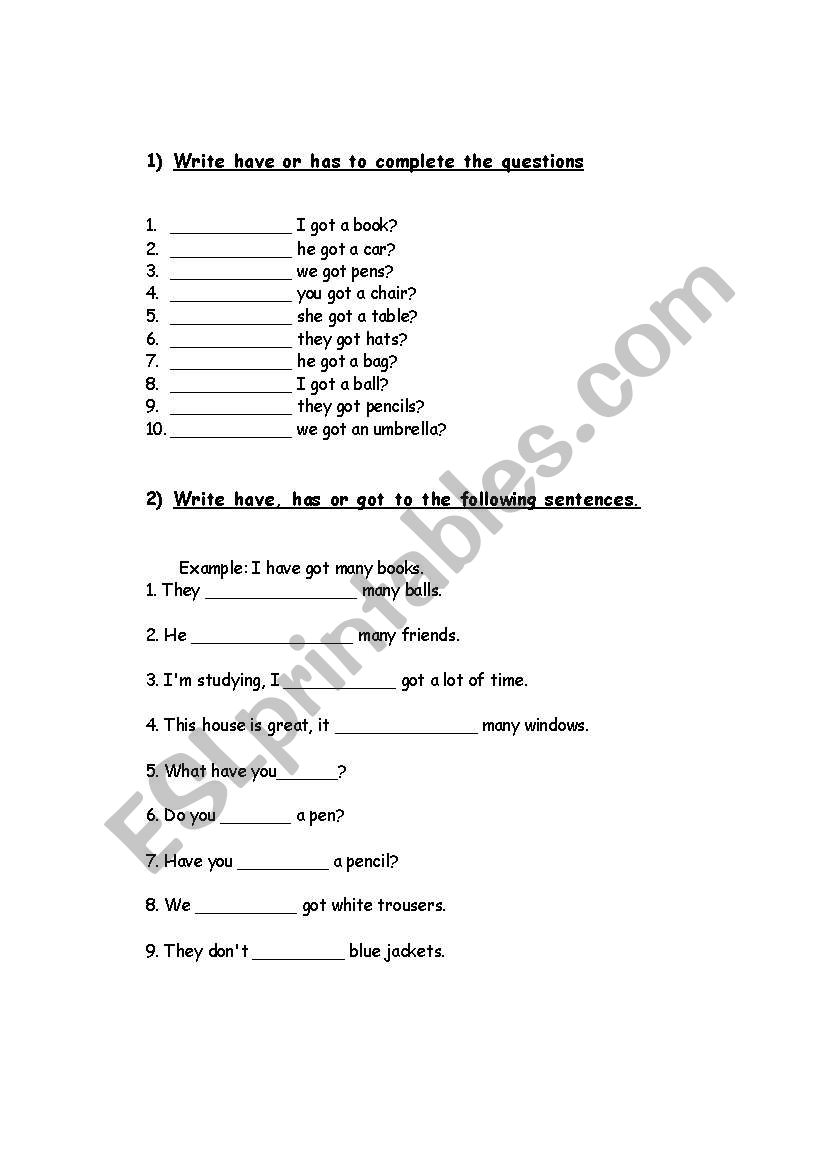 have got-has got worksheet