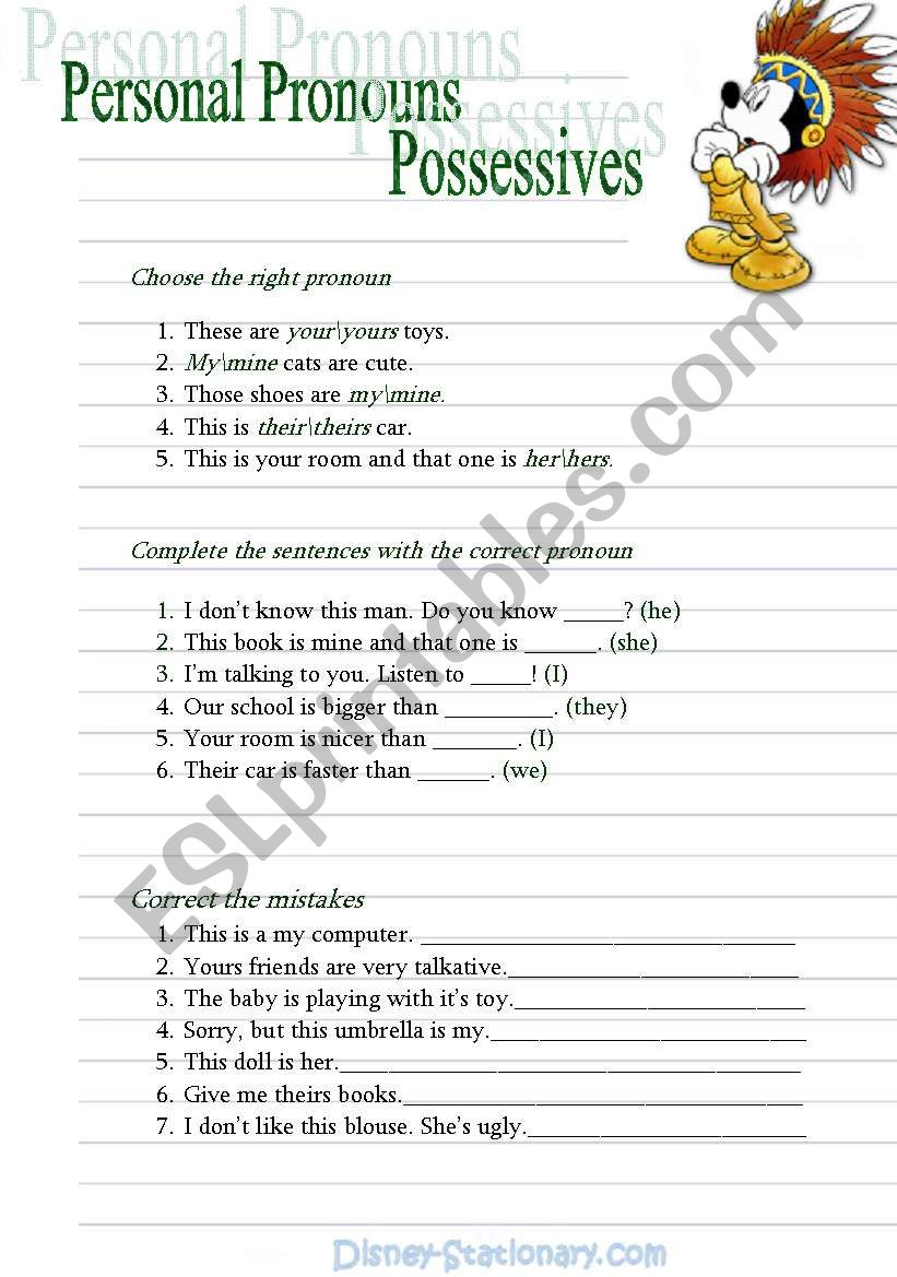 personal pronouns possessives worksheet