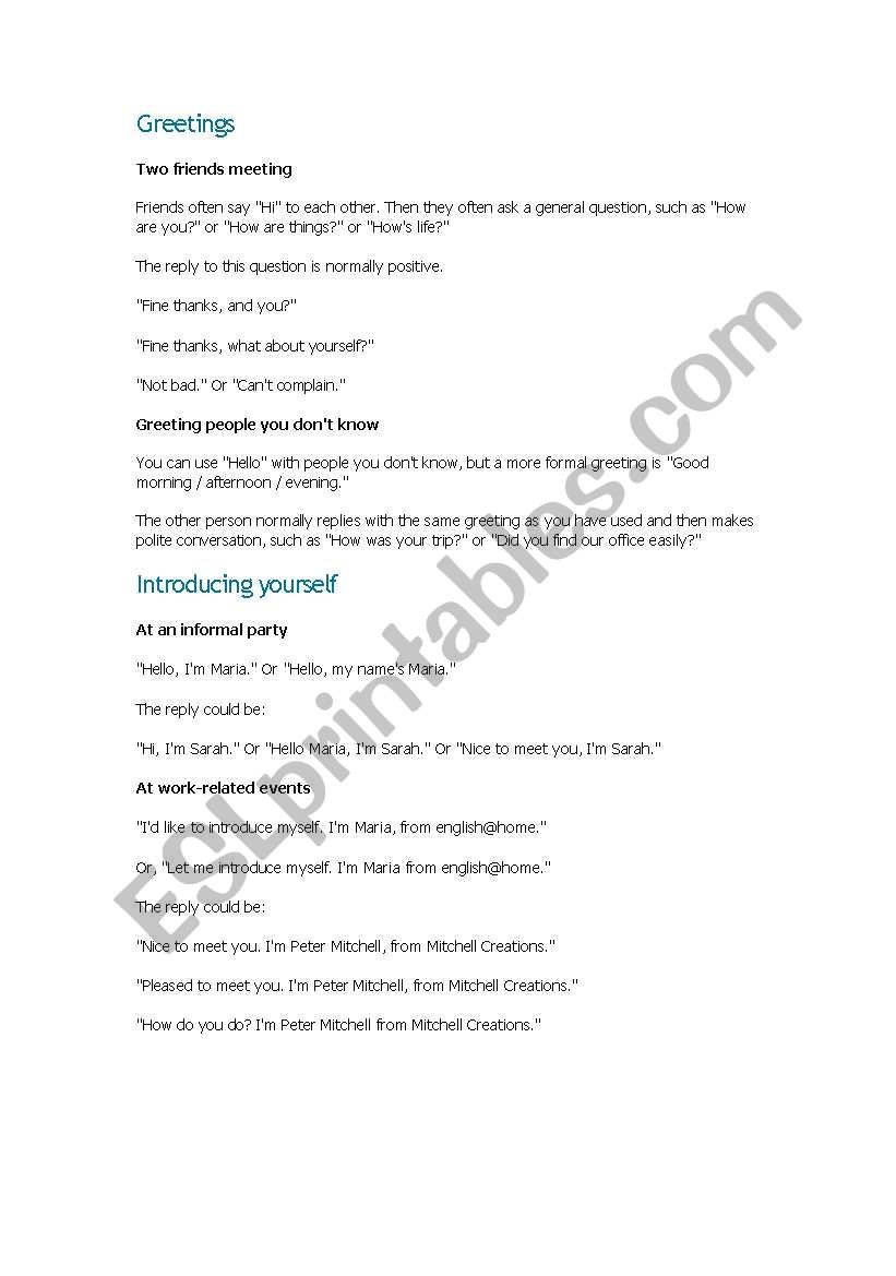 greetings worksheet