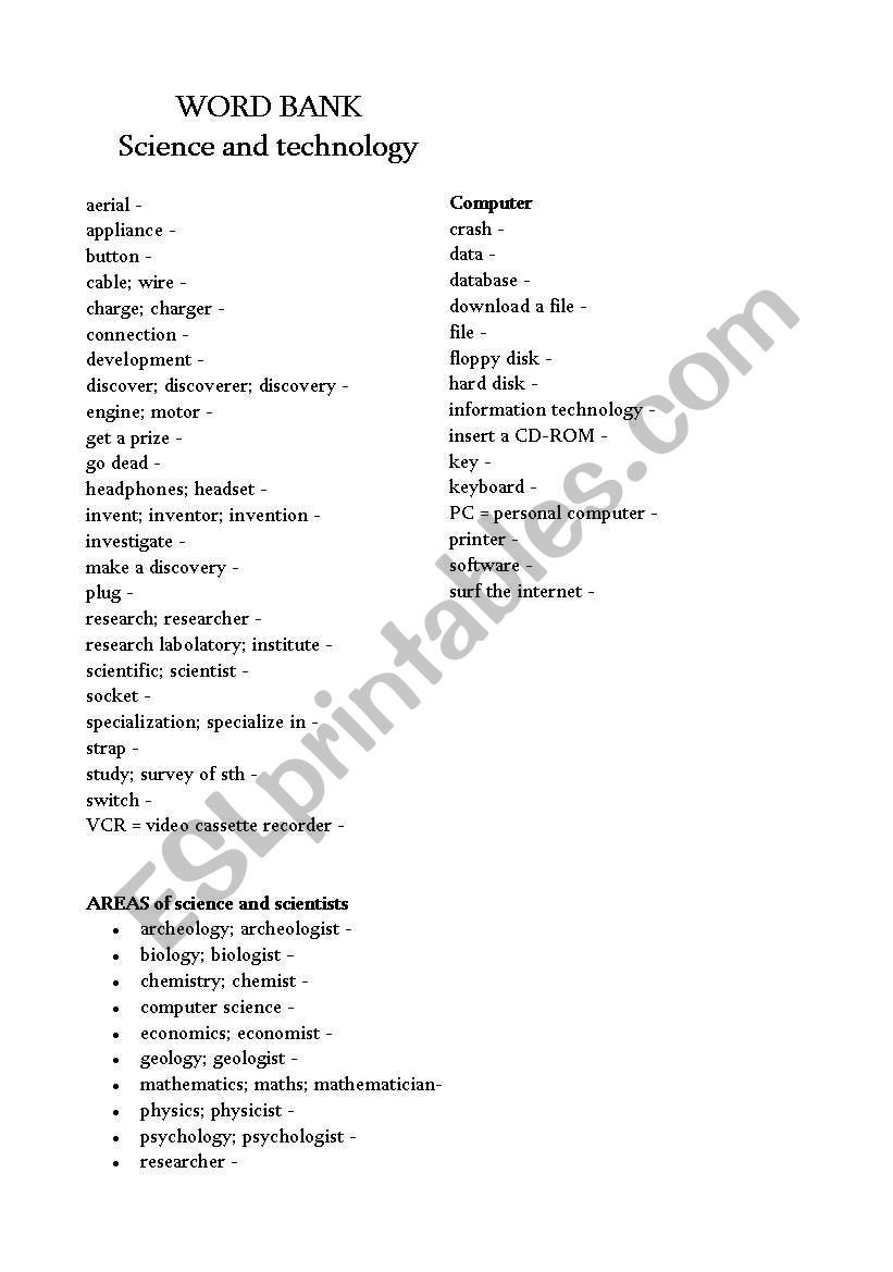 science and technology worksheet