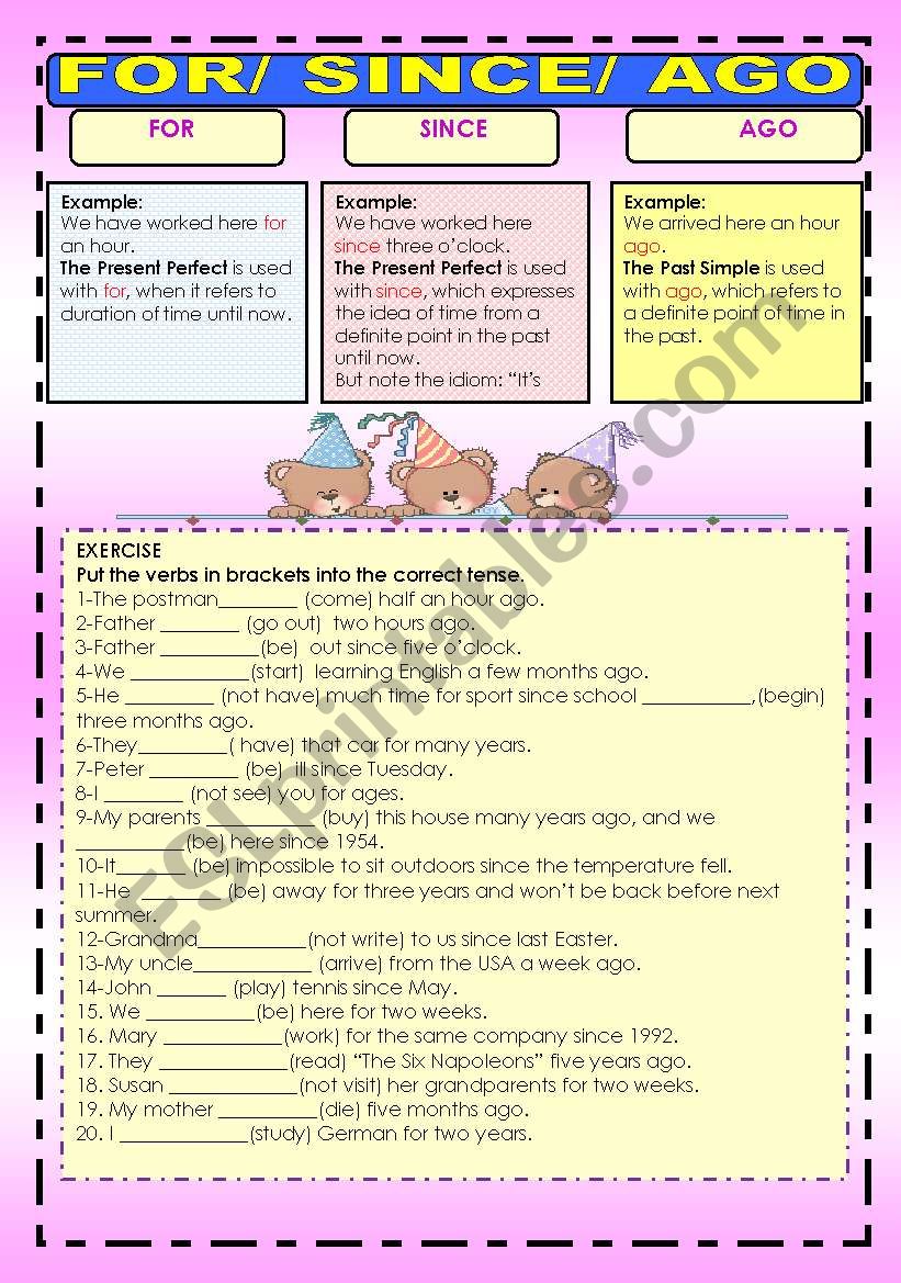 GRAMMAR WORKSHEET - FOR, SINCE and AGO