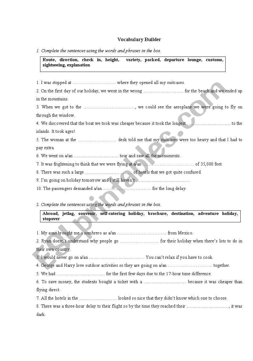 Vocabulary builder (travel) worksheet