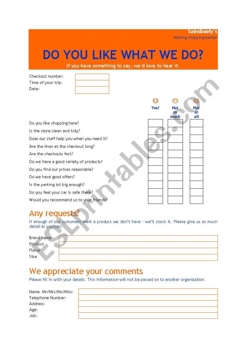 Supermarket comment card - Simple Present