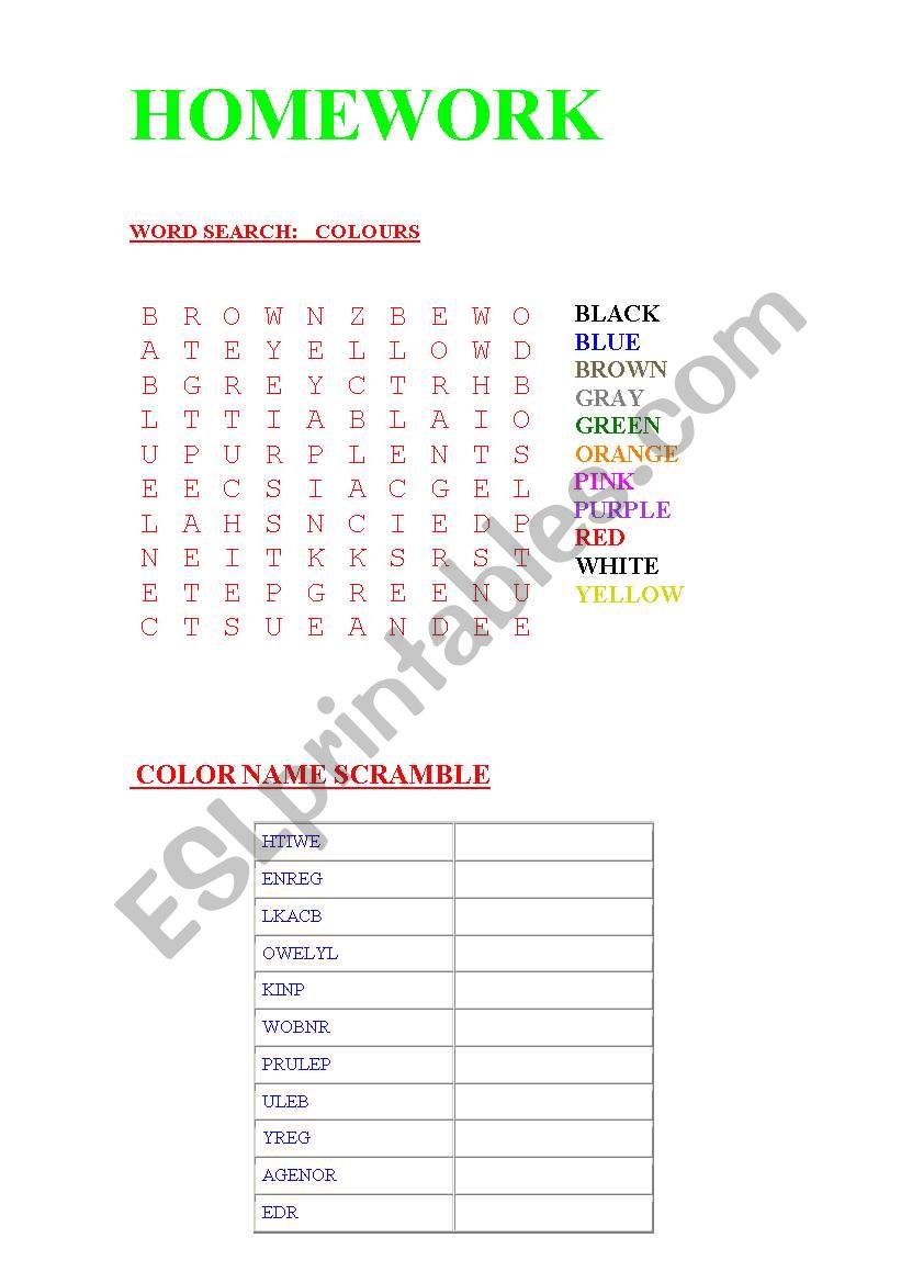 COLOURS worksheet