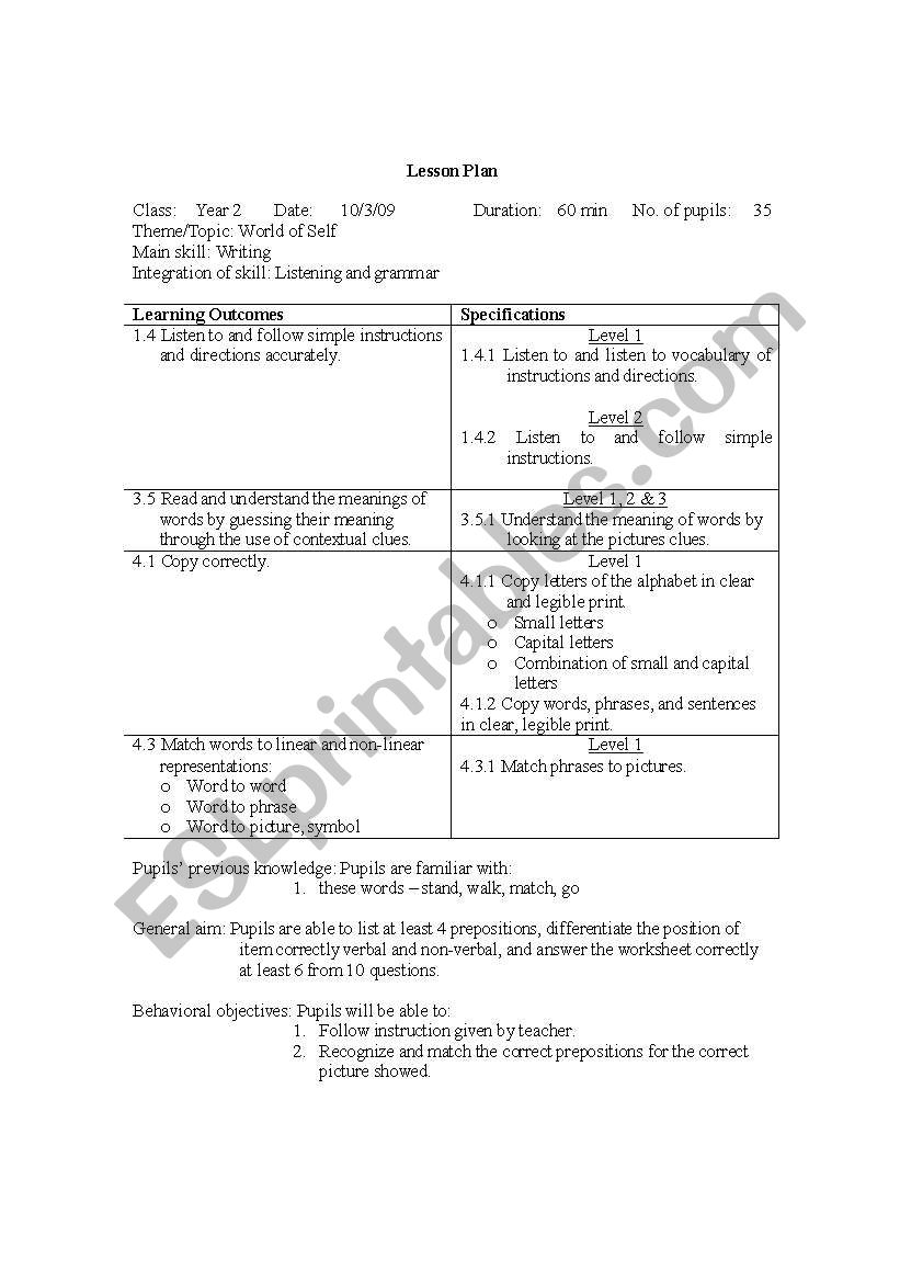 Lesson Plan- Preposition worksheet