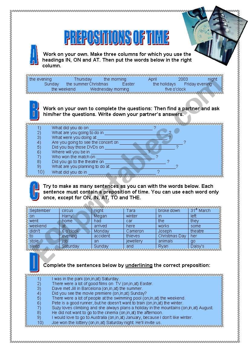 Prepositions of Time worksheet