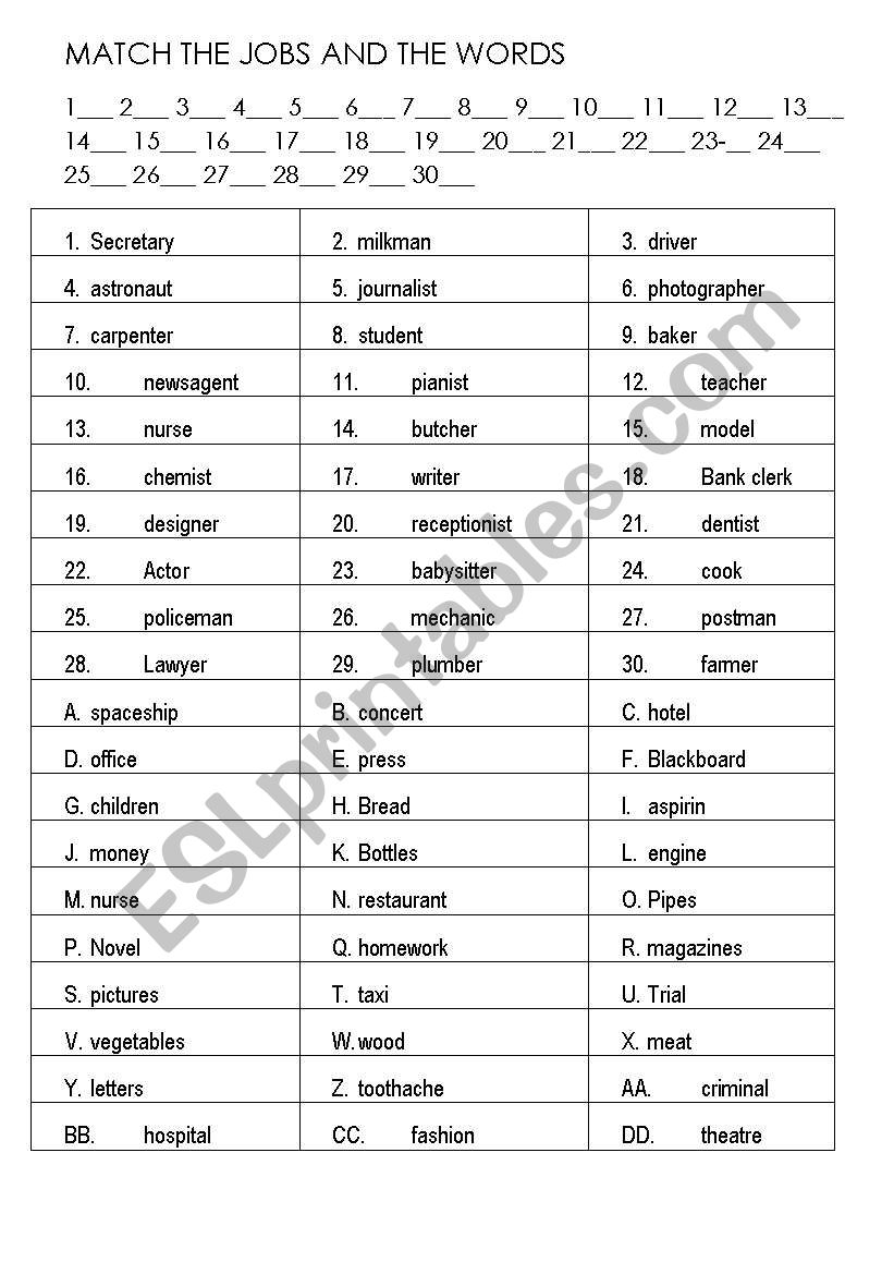 MATCH THE JOBS AND THE WORDS worksheet