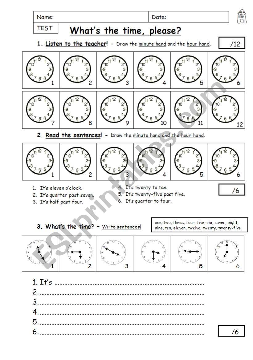 Time - Test A worksheet