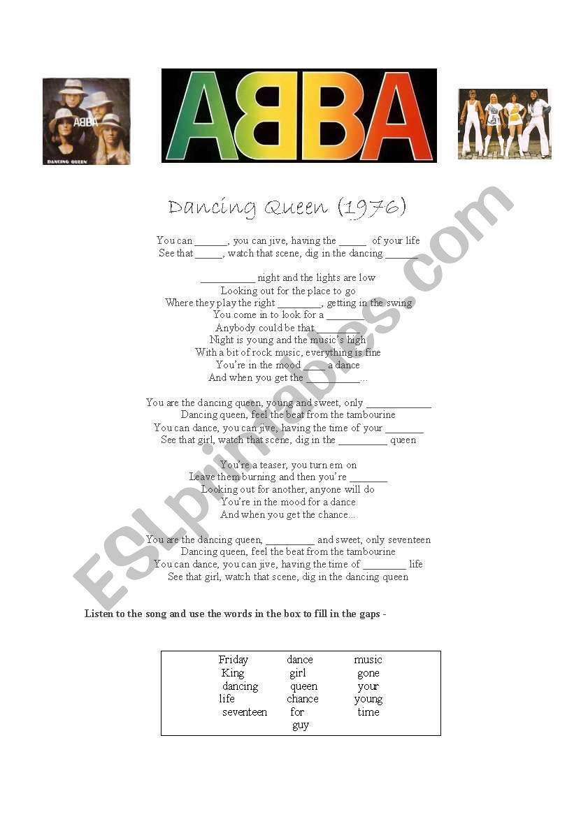 Lyrics Dancing Queen - ESL worksheet by estrada26