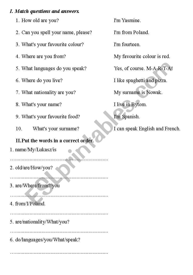 Excercises- put the words in a correct order- topic: Getting to know you
