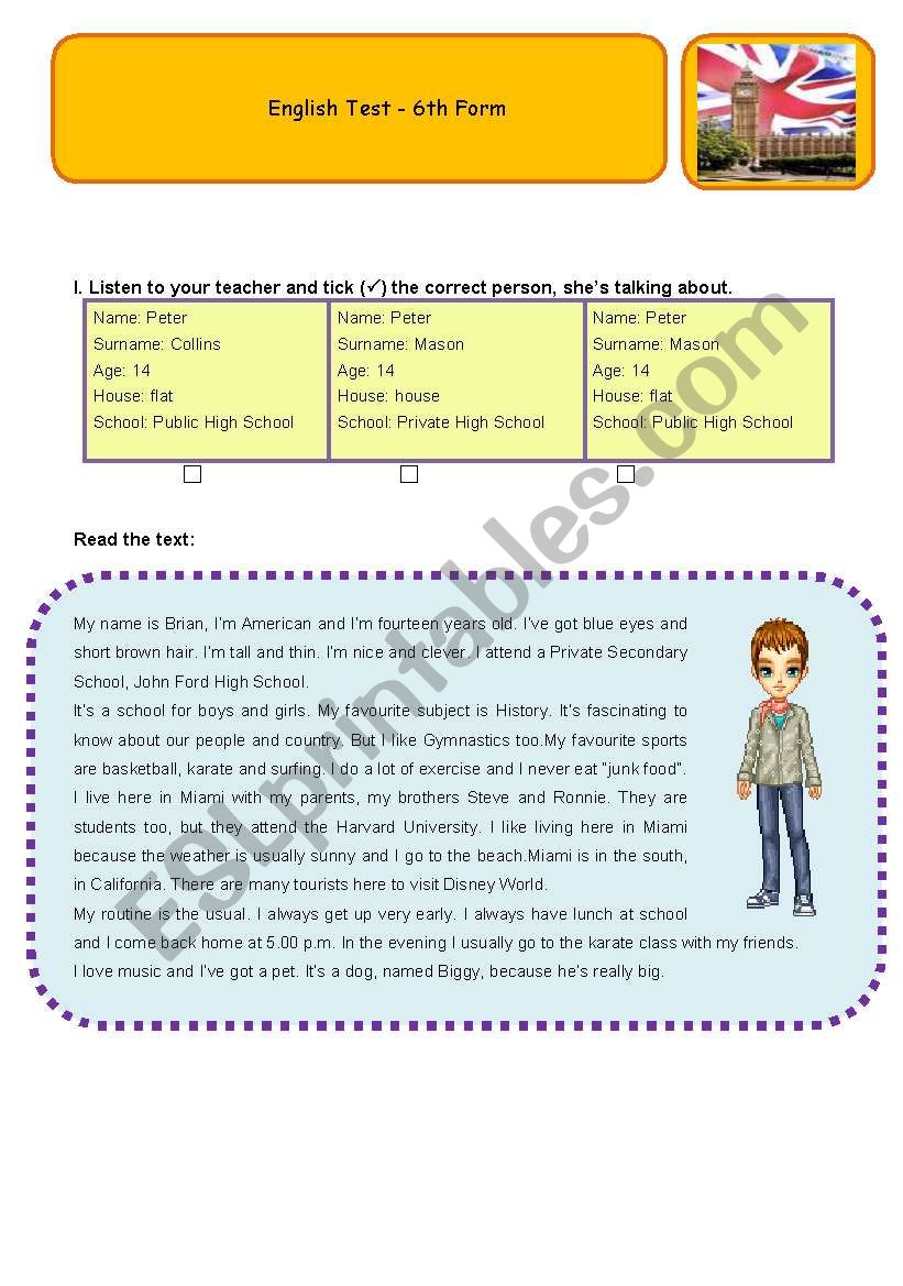 TEST 6TH FORM -MARCH 2009 worksheet