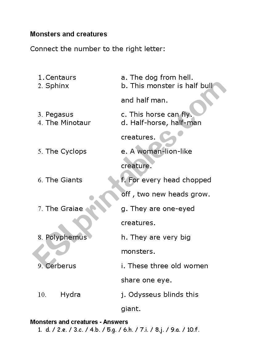 Greek Monsters and Creatures worksheet