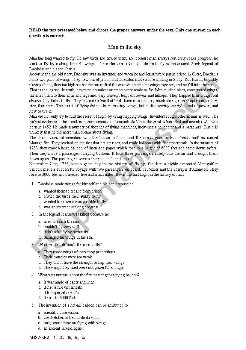 Man in the Sky worksheet