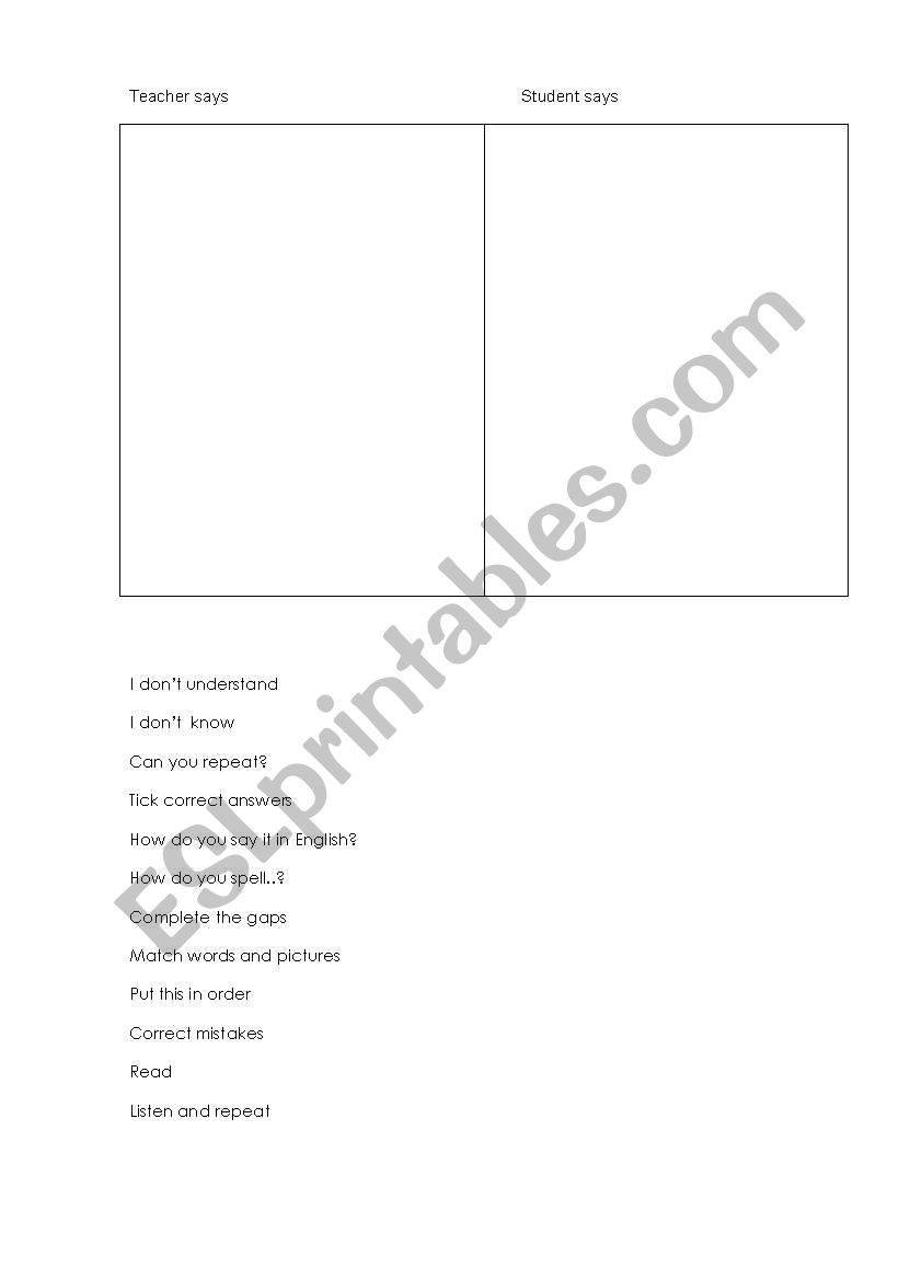 classroom language  worksheet