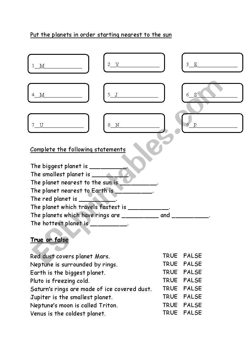 space facts worksheet