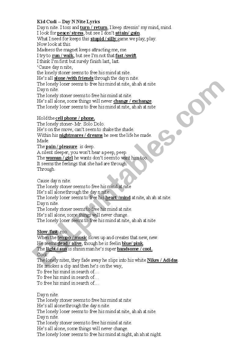 Day n Nite by Kid Cudi worksheet