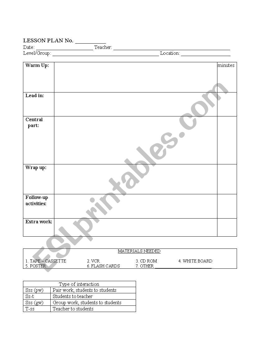 LESSON PLAN FORM - ALL LEVELS worksheet