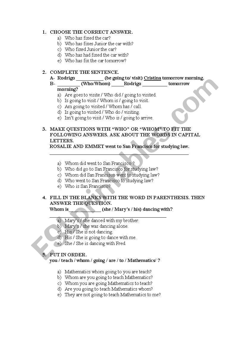 Who, Who... with, Whom - exam worksheet