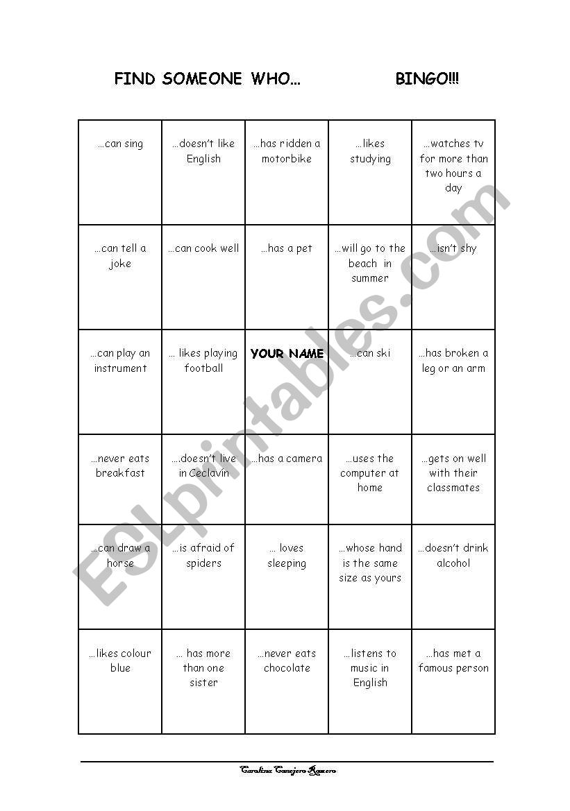 BINGO speaking skills worksheet