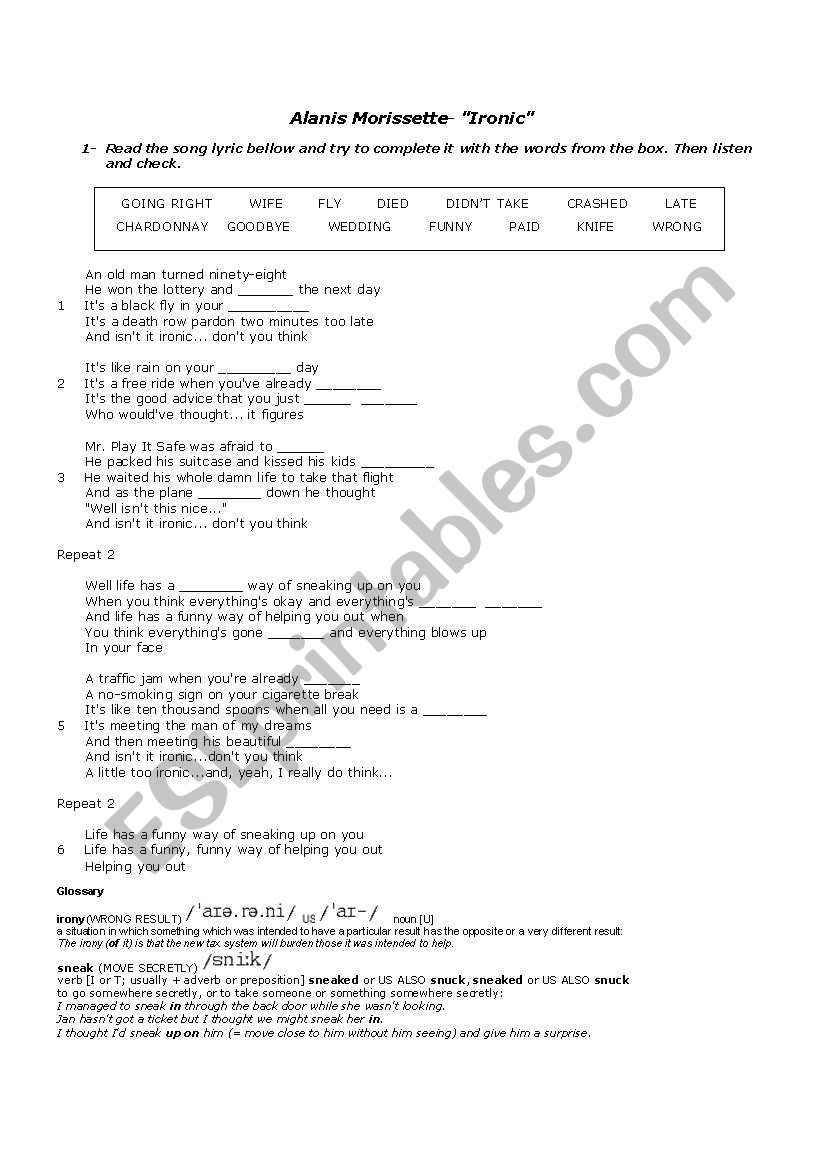 Alanis Morriset - Ironic worksheet