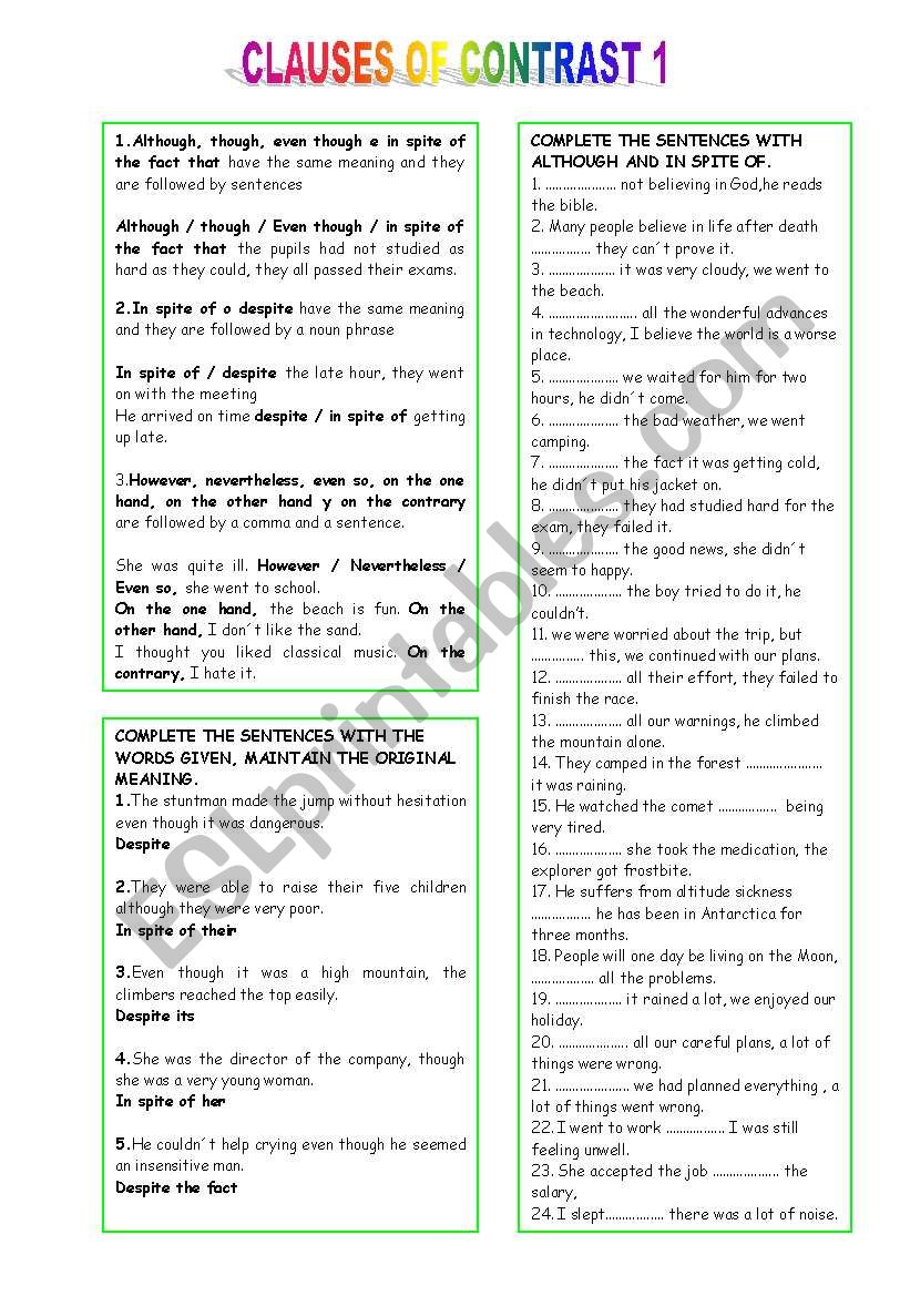 CLAUSES OF CONTRAST worksheet