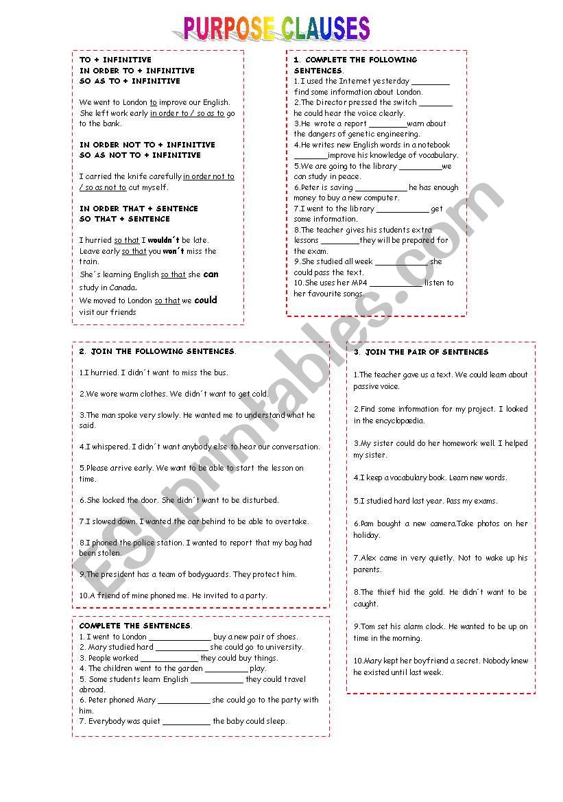 PURPOSE CLAUSES worksheet