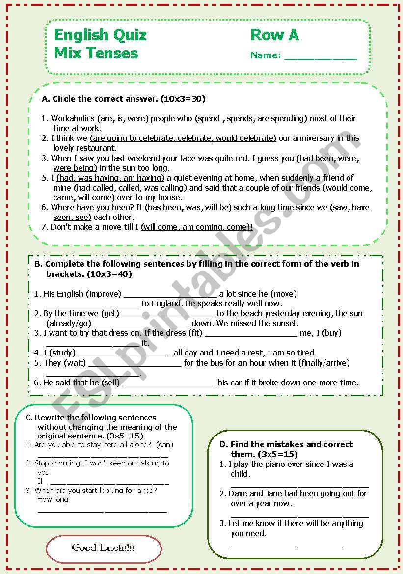 Mix Tenses Quiz worksheet