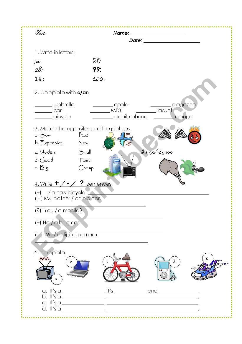 Personal objects worksheet