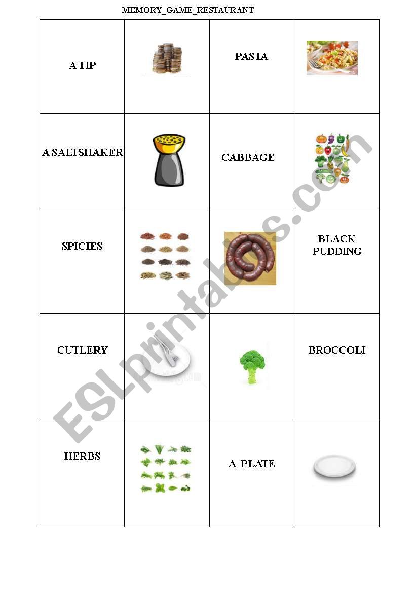 MEMORY GAME - restaurant  worksheet