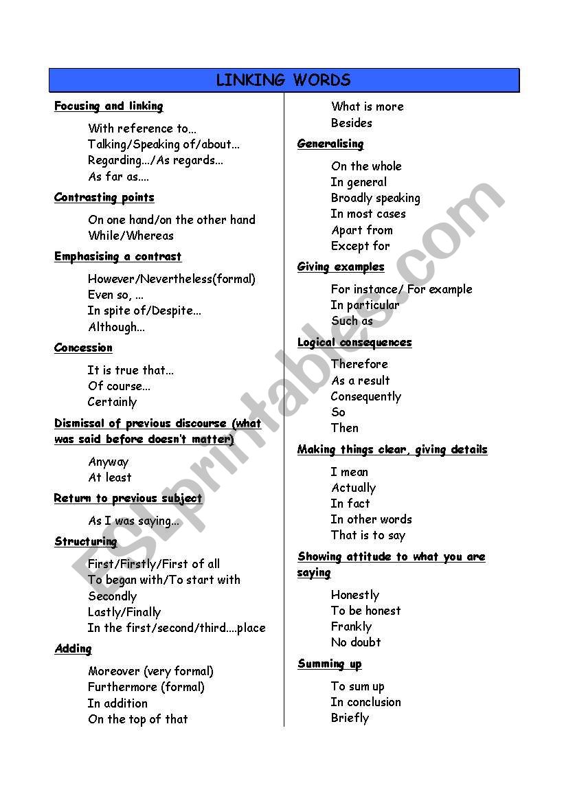 LINKING WORDS worksheet