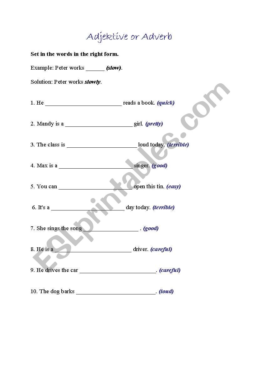 Adjective or Adverb worksheet