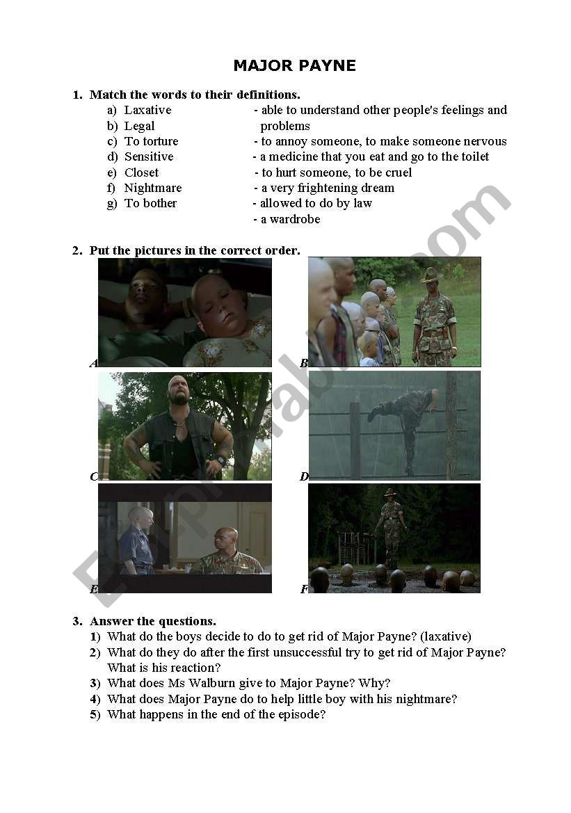 Major Payne part 3 worksheet