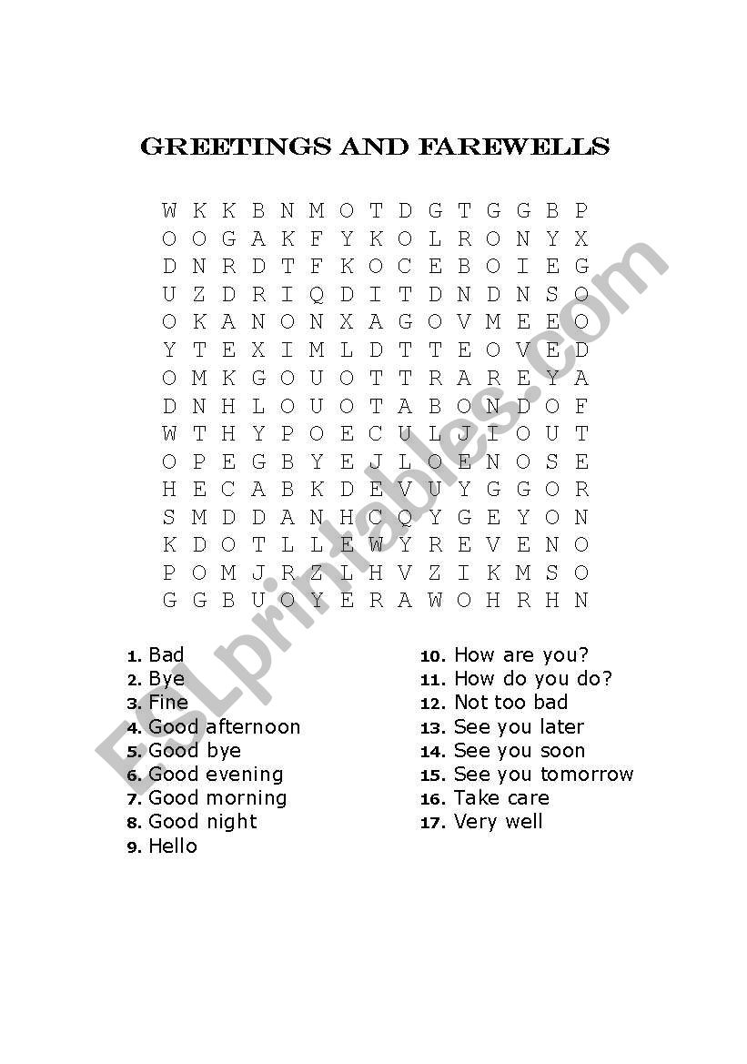 Greetings and Farewells Word Search