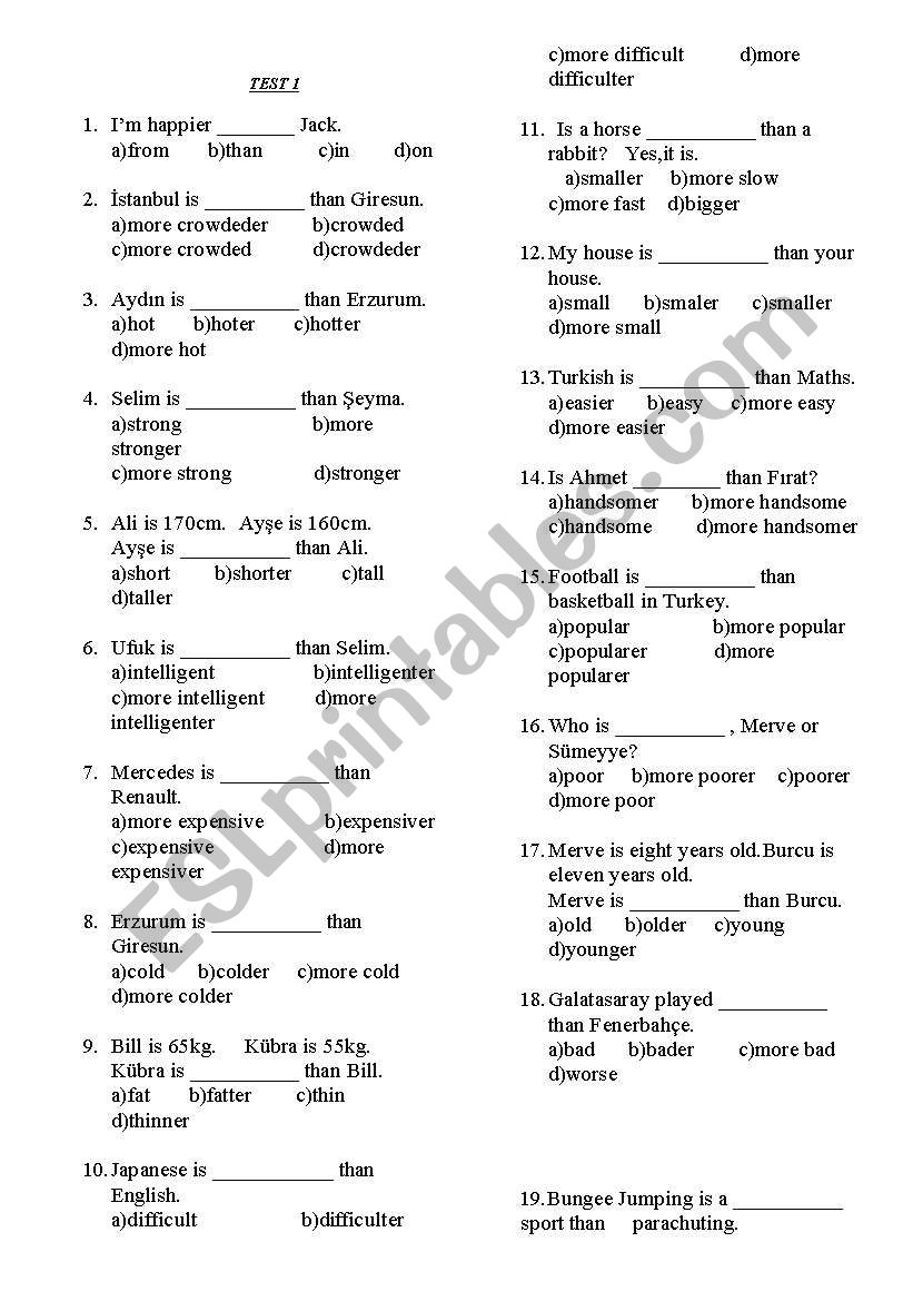 comparative test worksheet