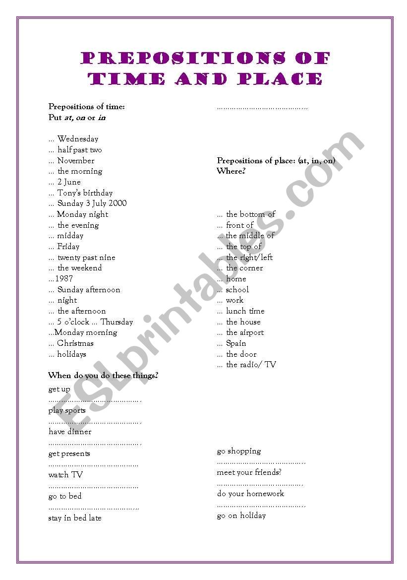 prepositions of time and place