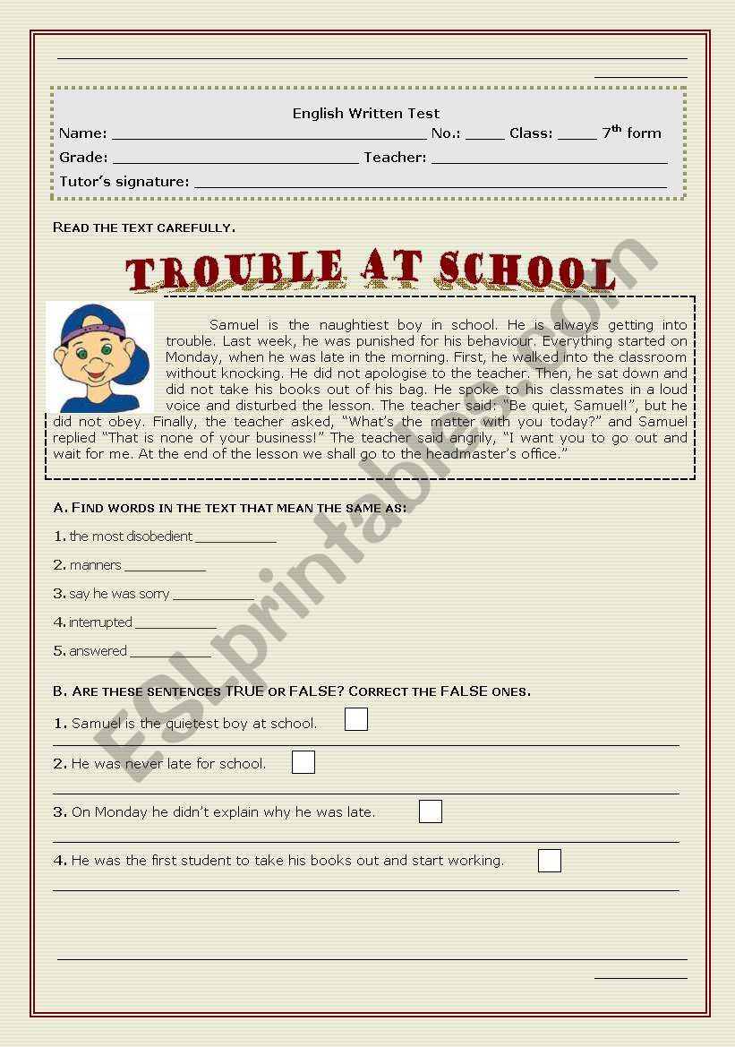 Trouble at School worksheet