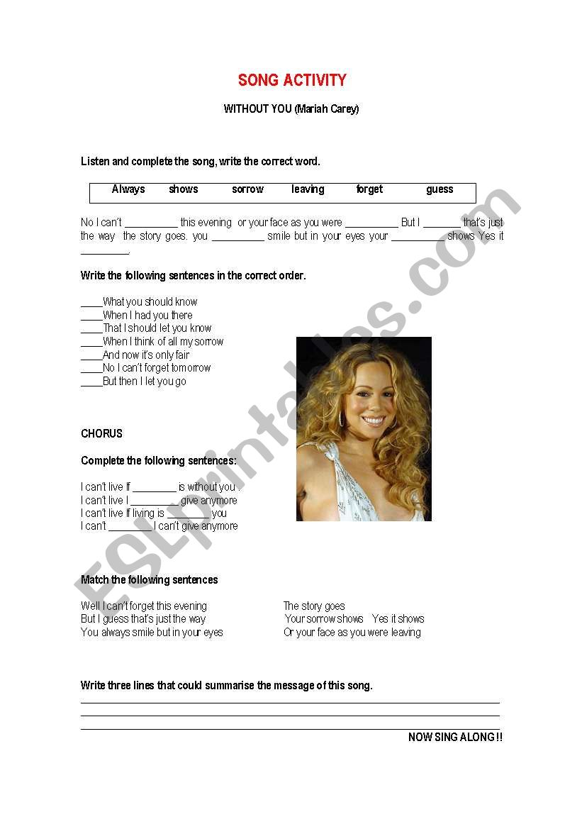 Song Without You Mariah Carey Esl Worksheet By Lolisgr