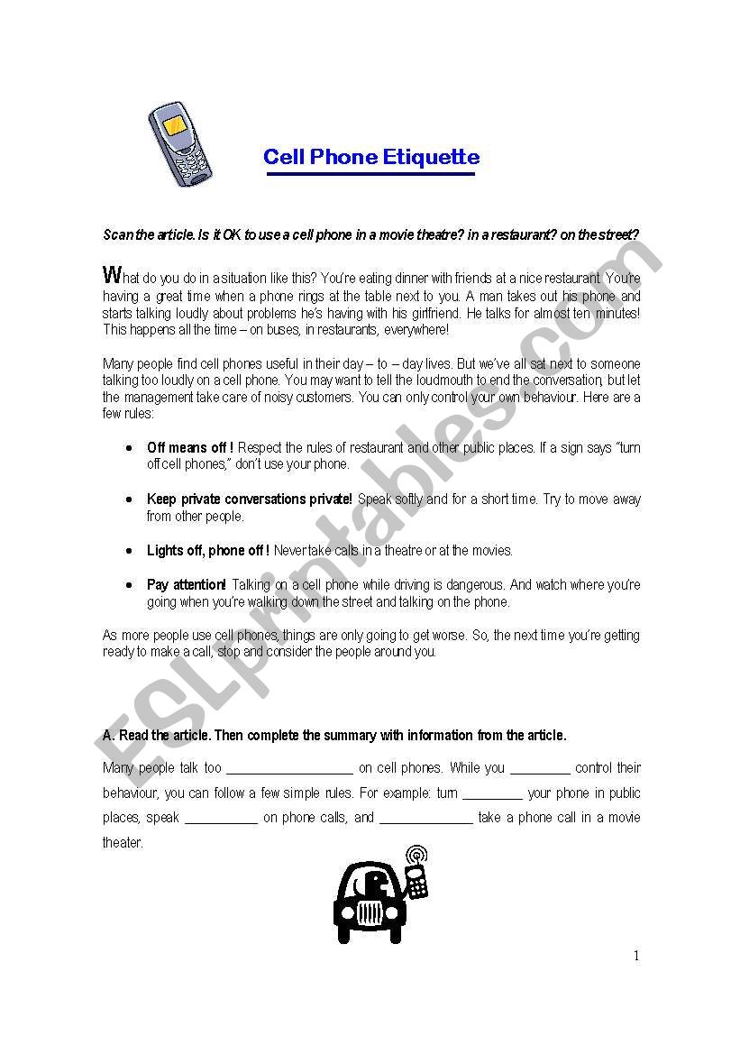 Cell phone Etiquette worksheet