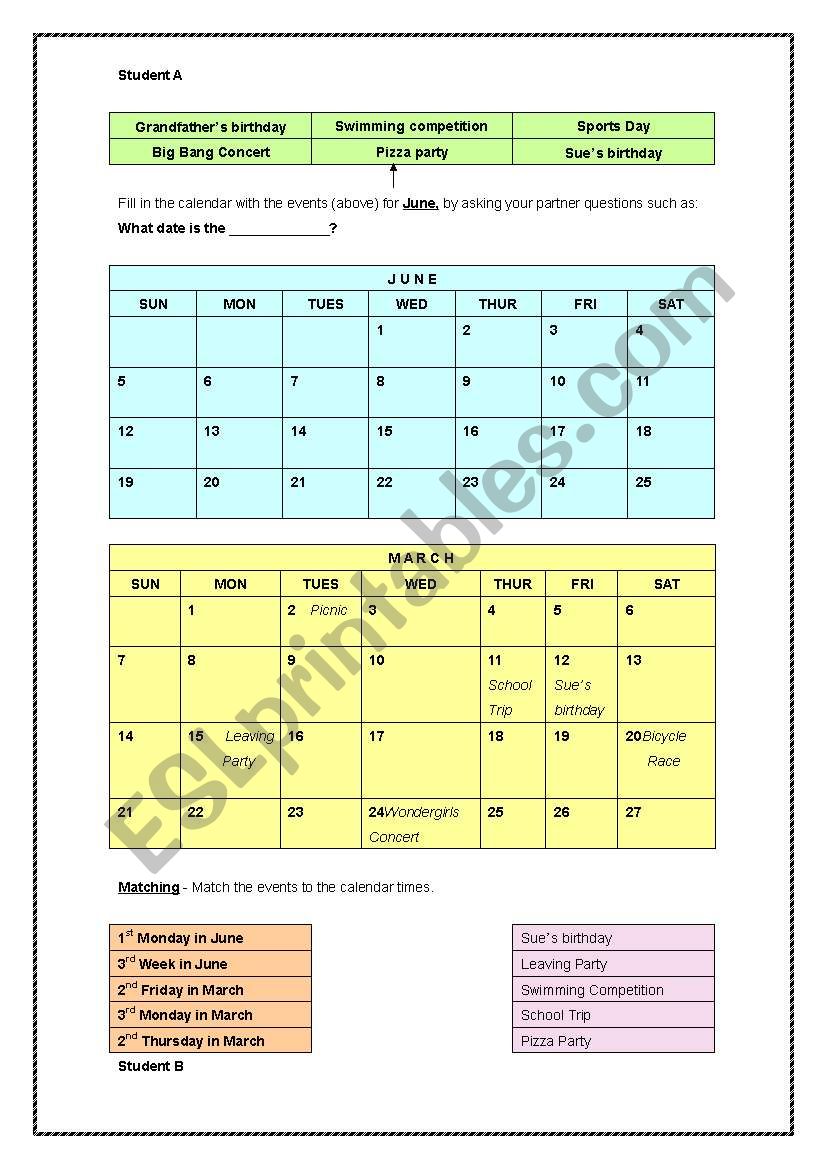 Fill in the dates of the calendar (Pair Work)